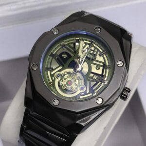 HB Men's Automatic Skeleton Wristwatch | Industrial-Chic Stainless Steel ( without box) Case with Genuine Leather Strap | Self-Winding Mechanical Movement & 6-Mo