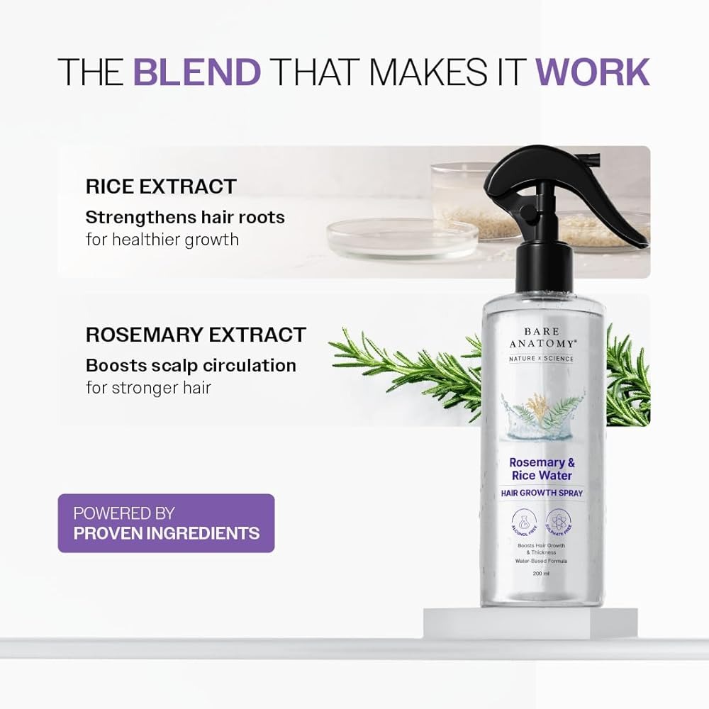 Bare Anatomy Rosemary & Rice Water Hair Growth Spray - 200ml | Boosts Thickness & Strength | Water-Based, Alcohol & Sulphate Free Formula - Image 4