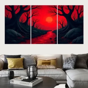 Set of 3 Surreal Red Landscape Wall Art Frames – 8x11" MDF Wood with Adhesive Backing
