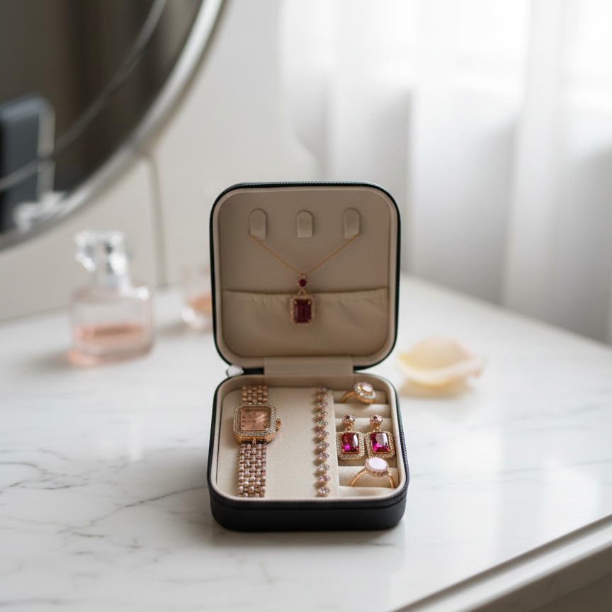 Elegant 6-Piece Rose Gold & Ruby Red Jewelry Gift Set – Includes Crystal-Encrusted Watch, Pendant Necklace, Matching Earrings, Tennis Bracelet, and Dual Statement Rings with Luxury Travel Case - Image 2
