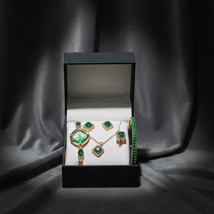 Chic Womens Digital Display Watch With Emerald Green Jewellery Stainless Steel Premium Quality For Daily Wear And Special Occasions - Image 2